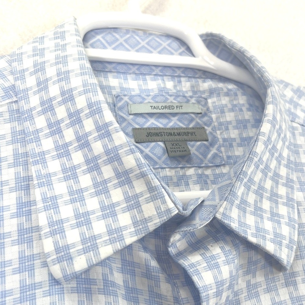 Johnston & Murphy Button Down Shirt Mens XXL Blue White Tailored Fit Geometric - Picture 4 of 13